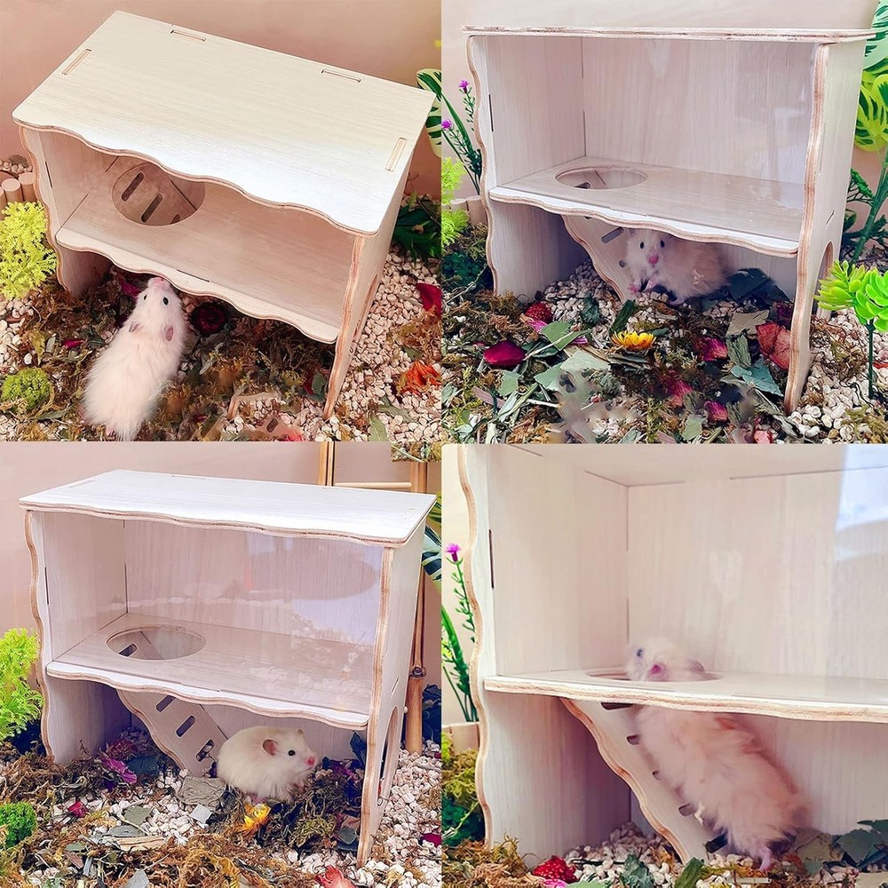 Double-Decker Hamster Hide, Wooden Hut, Acrylic Panel, Syrian, Gerbil, Mouse