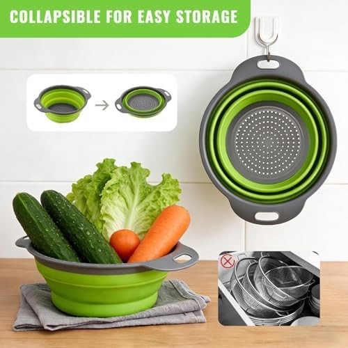Collapsible Colander Set 2 Pack Silicone Strainer Kitchen Pasta Fruit Drain