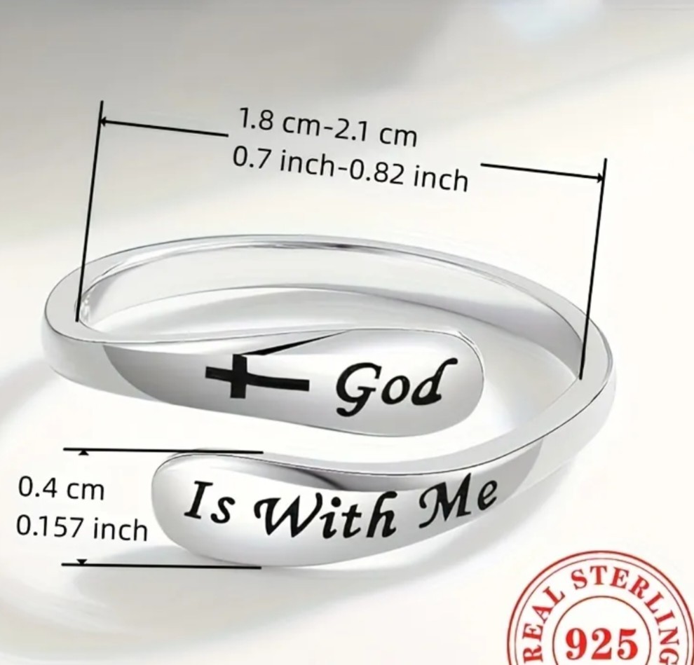 Solid 925 Sterling Silver Adjustable Ring with "God is with me" engraved