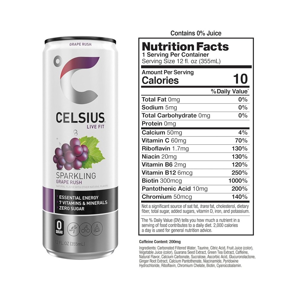 CELSIUS Sparkling Grape Rush, Functional Essential Energy Drink 12 Fl Oz 12 Pack