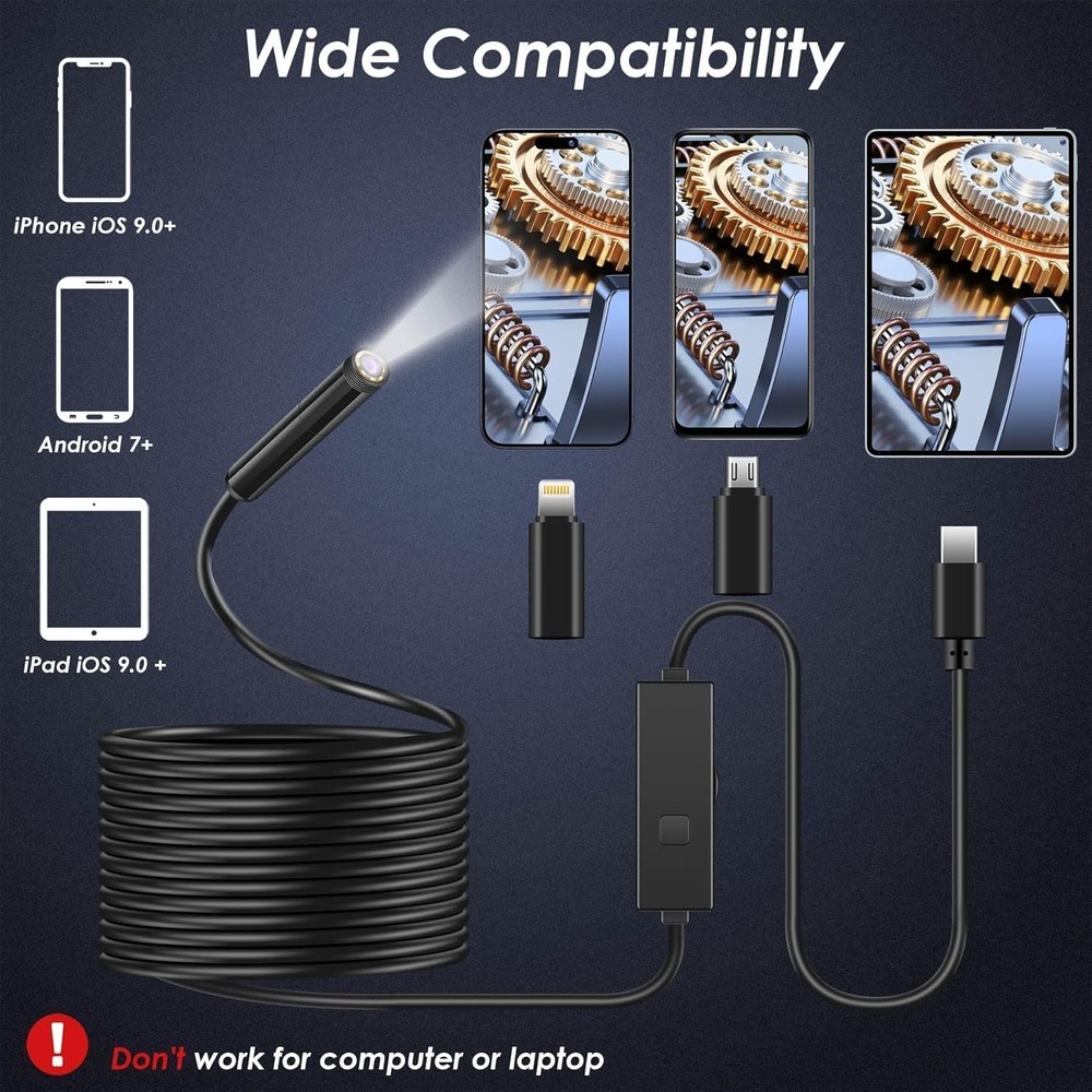 1920P Camara endoscopica tipo serpiente con luz para iPhone Android USB-C