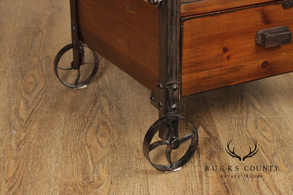 Industrial Rustic Pine And Iron Rolling Shelf With Drawer