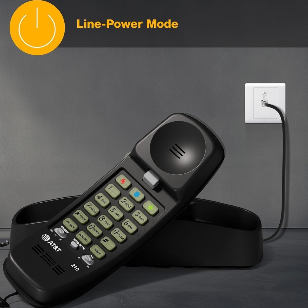 AT&T 210 Basic Trimline Corded Phone Single Line No AC Power Required Black