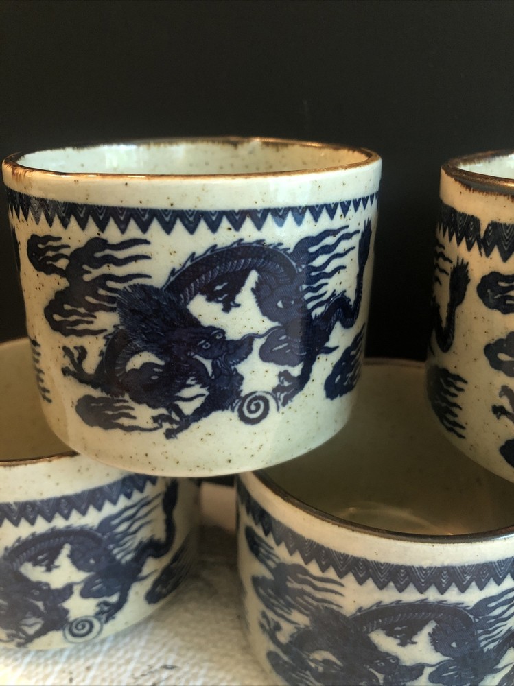 (5) Asian Stoneware Blue Dragon Teacups