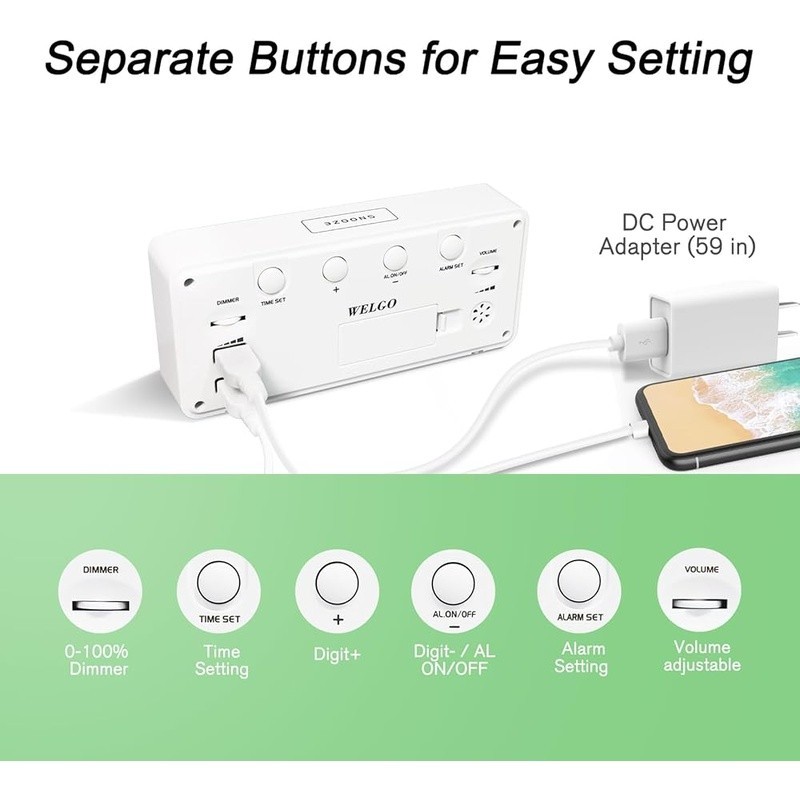 Rainbow Digital Alarm Clock Adjustable Brightness USB Charging Snooze Function