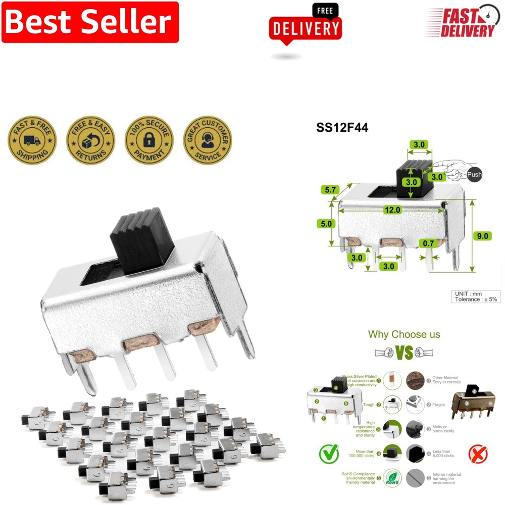 High Conductivity Mini SPDT Vertical Slide Switch for Arduino Projects - 25pcs