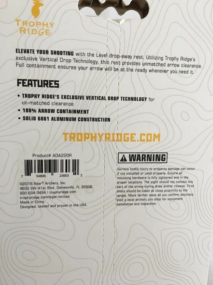 Trophy Ridge Bow Hunter's Vertical Level Drop-Away Arrow Rest (Right) ADA220R