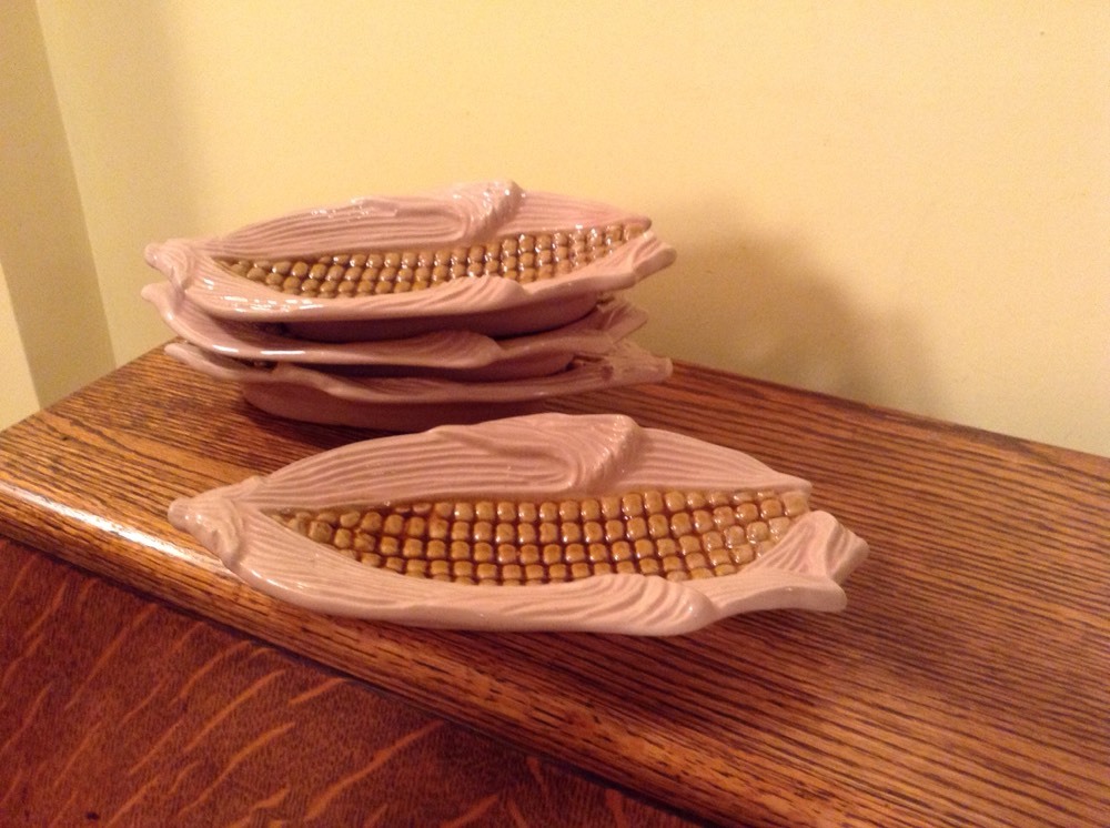 Four really nice antique Glass colorful corn dishes