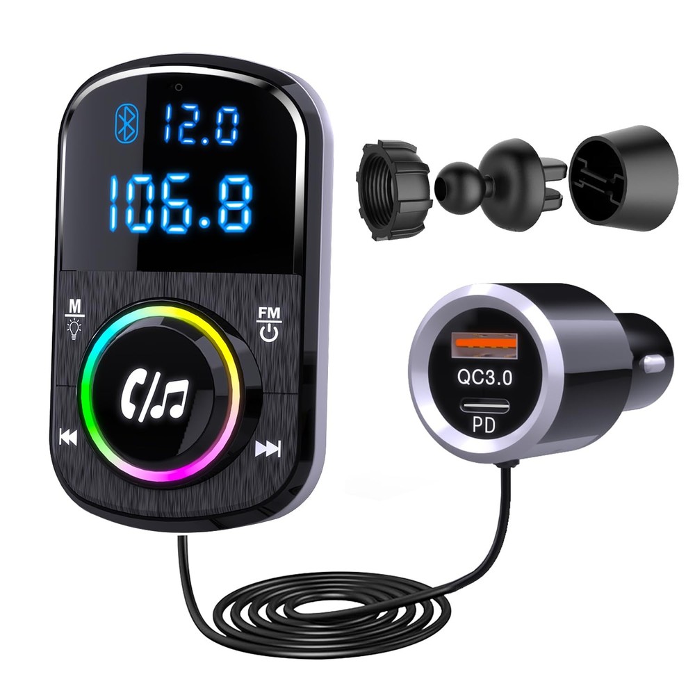 FM Transmitter, Hands Free Car Phone Kit Bluetooth, BC71 48W-Cable-Black