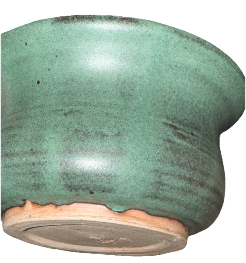 green handmade pottery soup bowl Signed