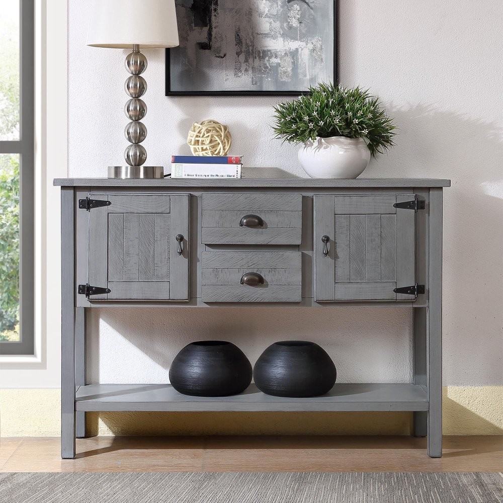 Solid wood side table with 2 drawers, cabinet, bottom shelf, and two doors