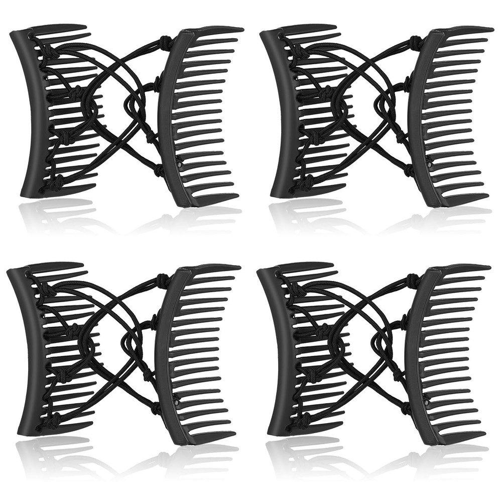 4 Pieces Stretchy Double Comb Adjustable Elastic Hair Large, Solid Black