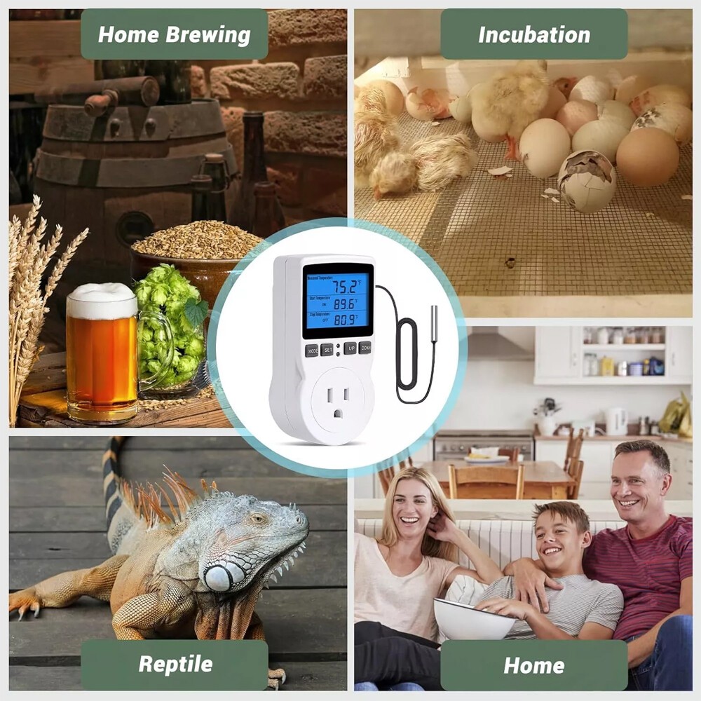 Digital Thermostat Outlet Plug Temperature Controller Heating Cooling w/ Probe3m