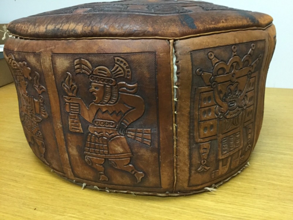 VIntage PERUVIAN Leather Round 21” Dia. Footstool w/Handle