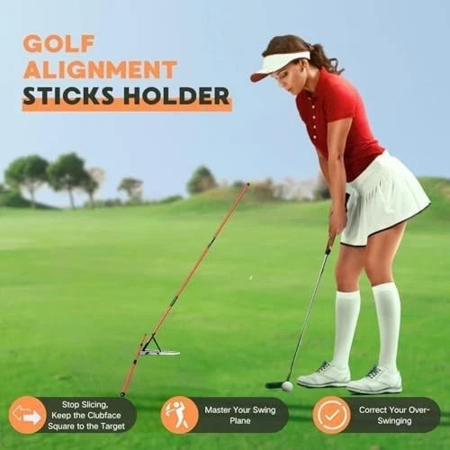 Pro Golf Alignment Sticks Holder - Golf Training Aid for Swing Plane & Path Red.