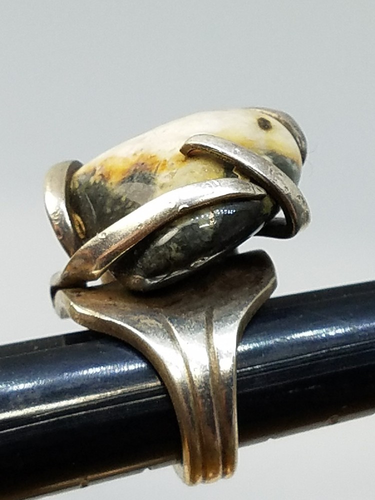 Vintage Fork Ring Large Stone Artisan Silver Tone Size 7