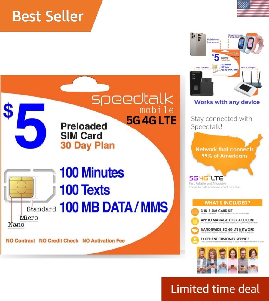 Affordable 5G Prepaid Wireless Plan - 100 Talk, 100 Text, 100MB Data