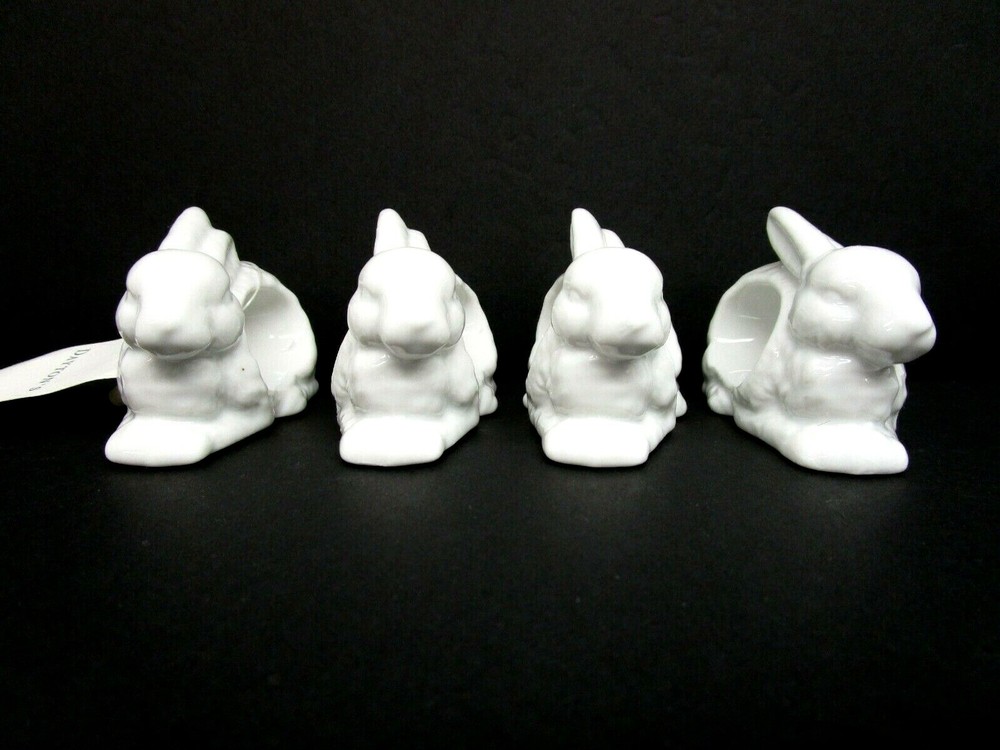 Set of 4 Daytons Ceramic White Bunny Rabbits Napkin Ring Holders Easter Spring C