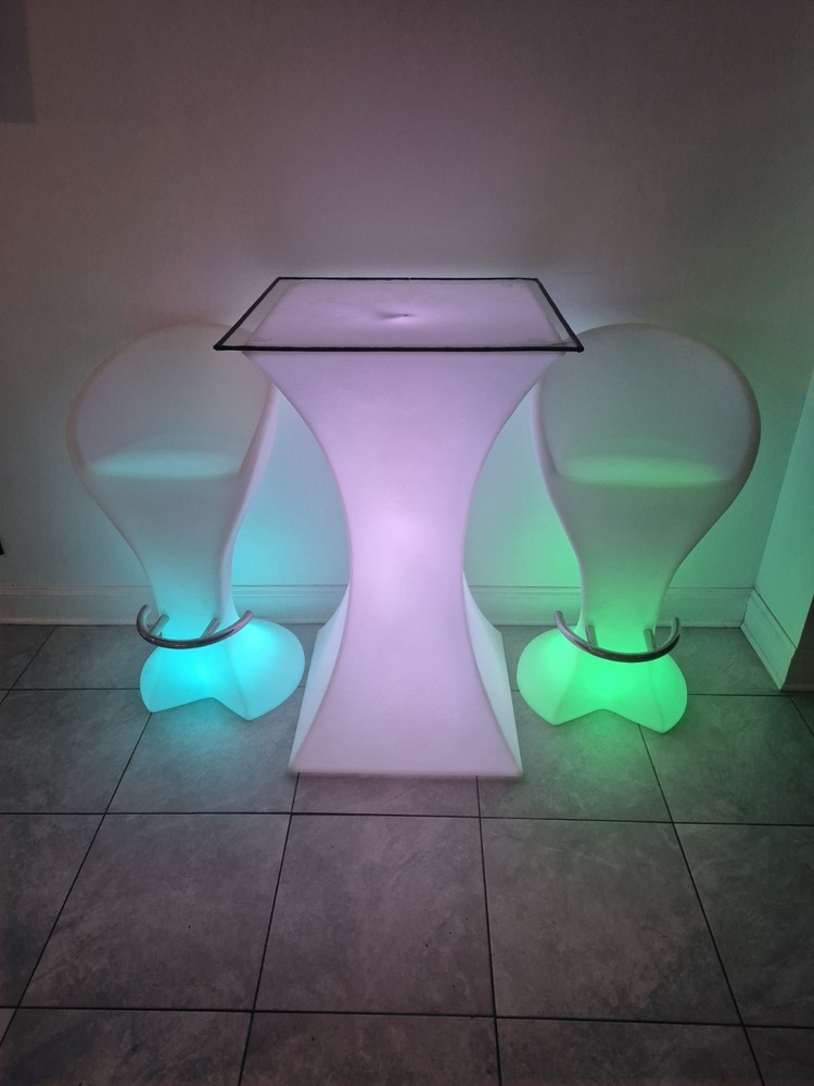 Illuminated Bar Table and Stool Set, Multicolor LED, Plastic Metal, Lounge/Bar