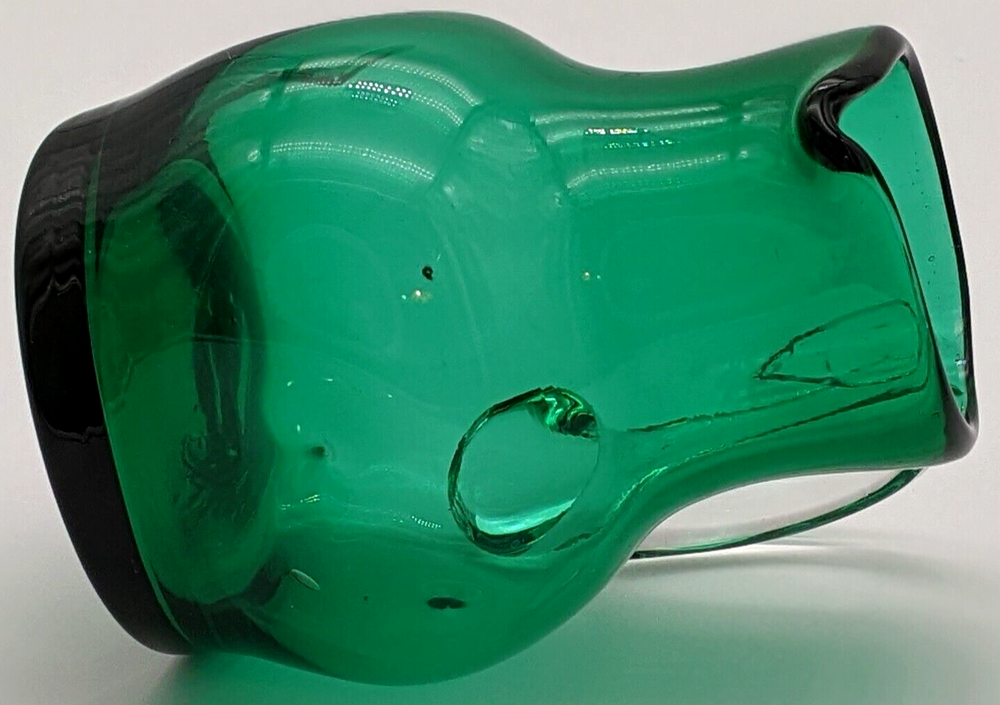 Hand Blown Green Pinched Art Glass Pitcher Applied Clear Handle