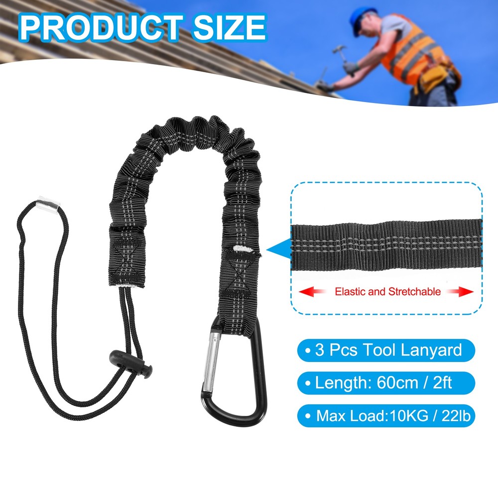 3Pcs 2ft Retractable Tool Lanyard with Metal Buckle Adjustable Loop, Black
