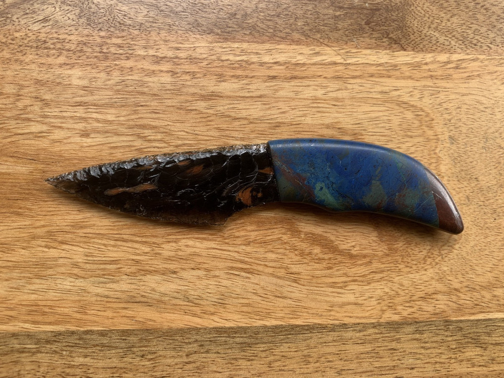 Custom Obsidian Knife. Tommy Masingale. Deep Blue Azurite Handle. Tripleflow