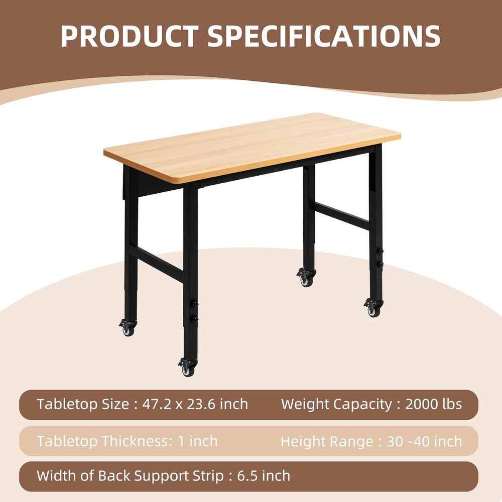 48" Adjustable Workbench with Wheels, Rolling Work Table for Garage, 2000 LBS Ca
