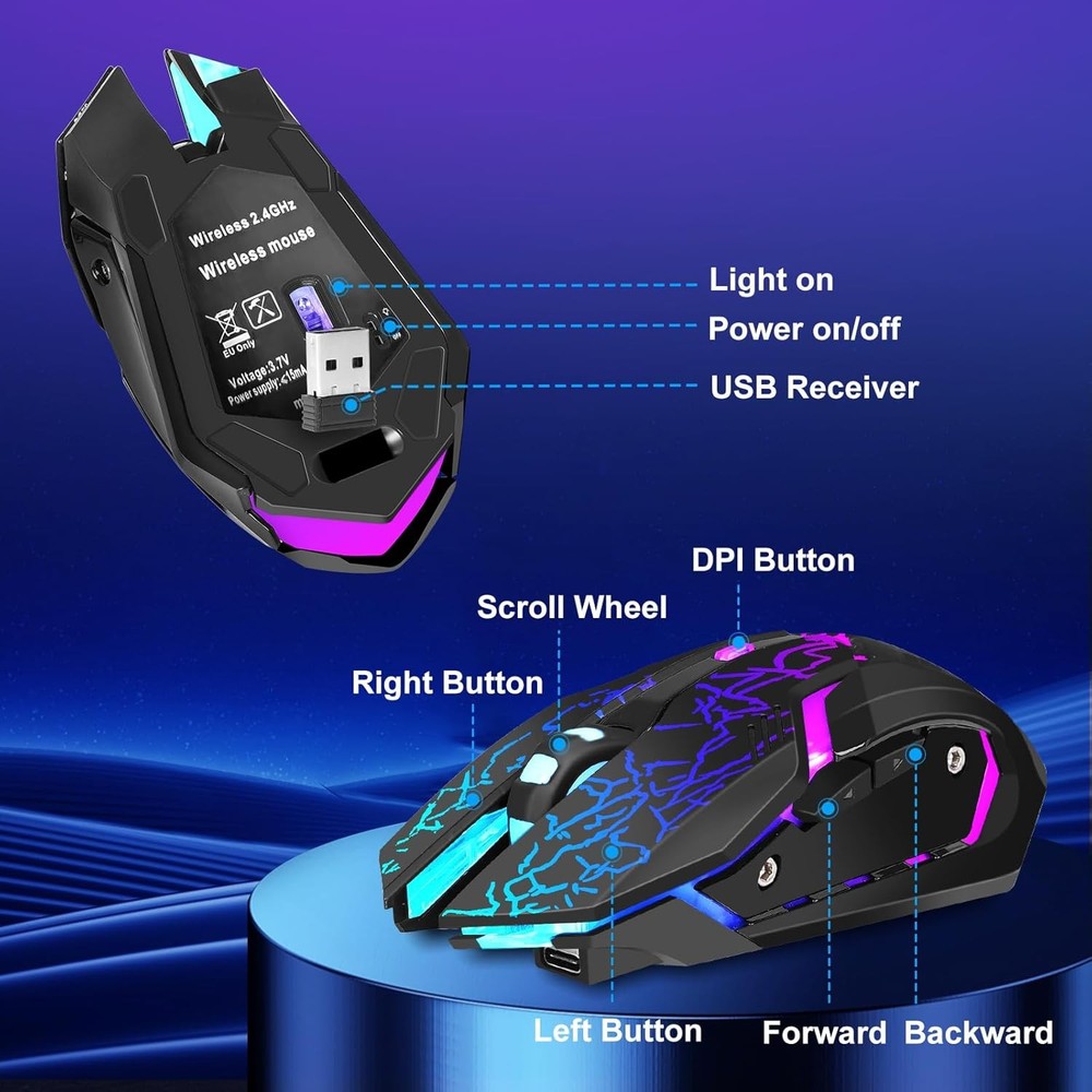 Wireless Gaming Mouse, Rechargeable Computer Mouse with Type-C Black