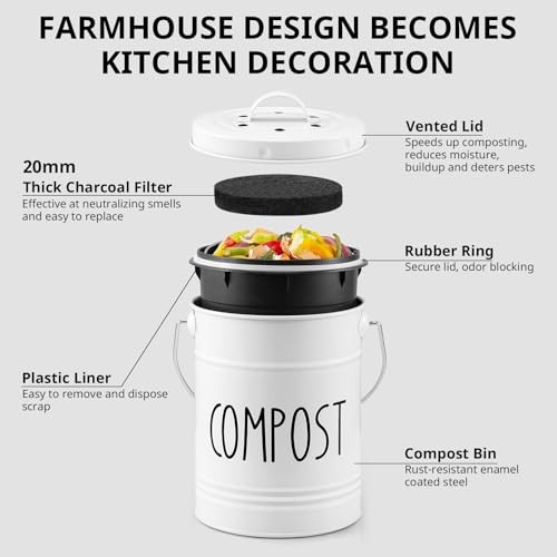 Kitchen Compost Bin, 1 Gallon Countertop Compost Bin with Lid, Indoor Compost