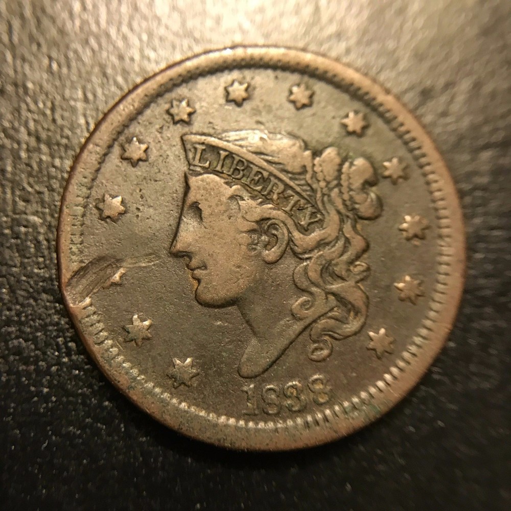 1838 Large Cent Very Fine VF 1c Copper Type