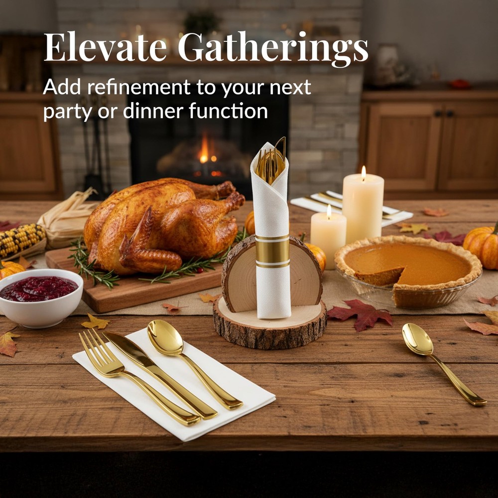 200 Piece Gold Plastic Silverware Set for 50 Guests - Premium Pre Rolled Cutl...