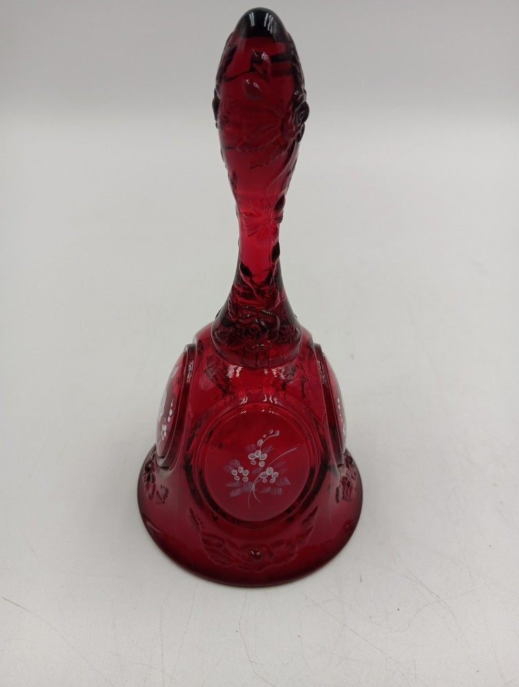 Fenton Ruby Red Bell Hand Painted Flowers Signed By Artist