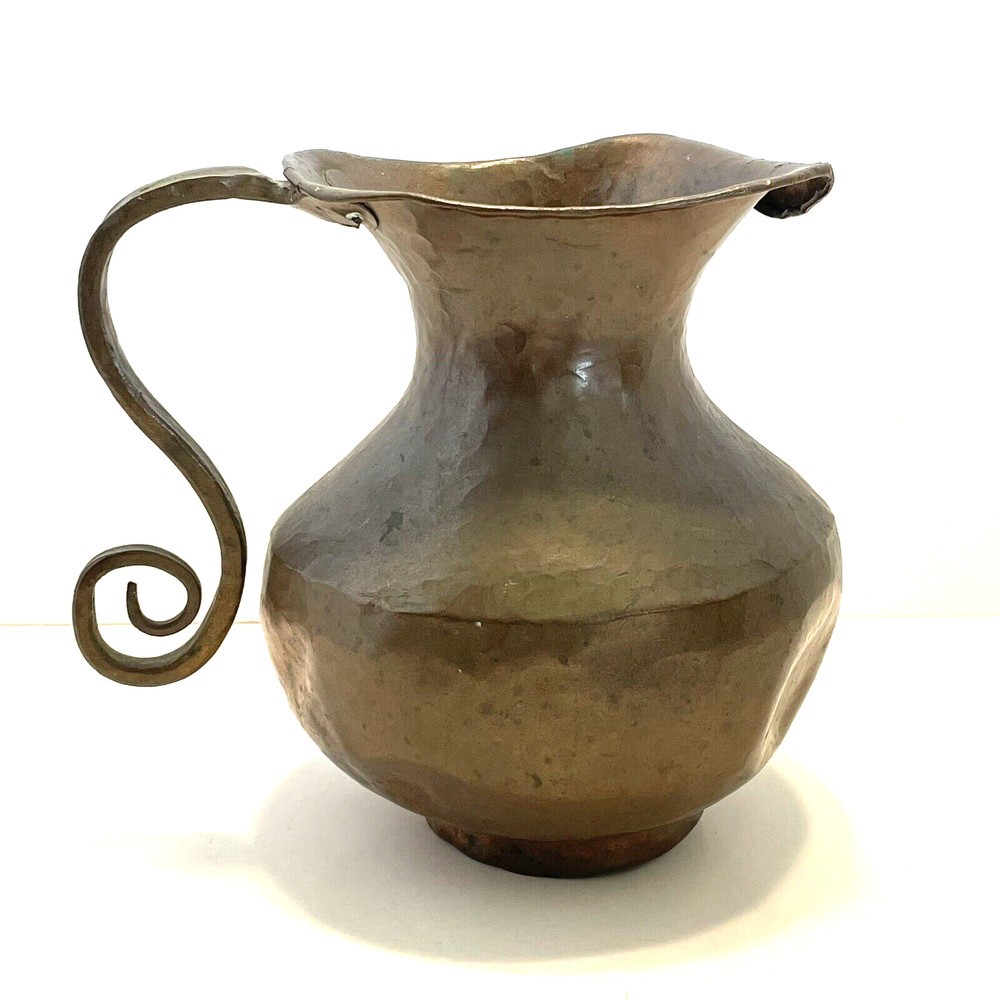 Antique Hammered Copper Pitcher Scrolled Riveted Handle Primitive Jug Dents 6"