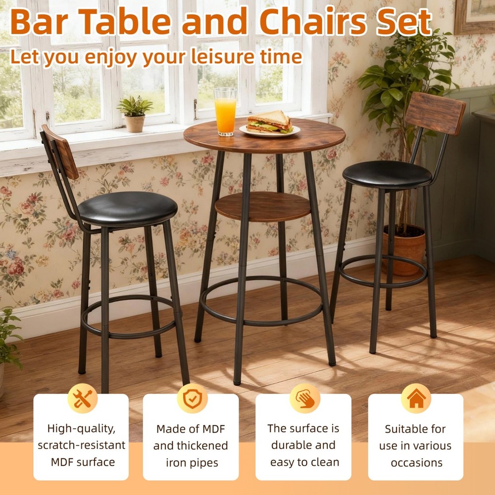 3 Piece Bar Table Set Round Counter Height Table w/ 2 PU Upholstered Bar Stools