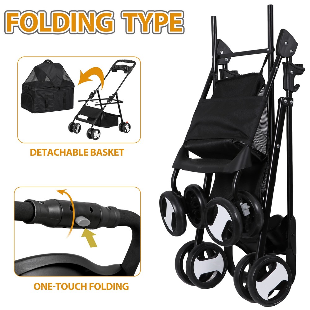 Dog Stroller Cat Stroller 3-in-1 Multifunctional with 4 Wheels Black Foldable