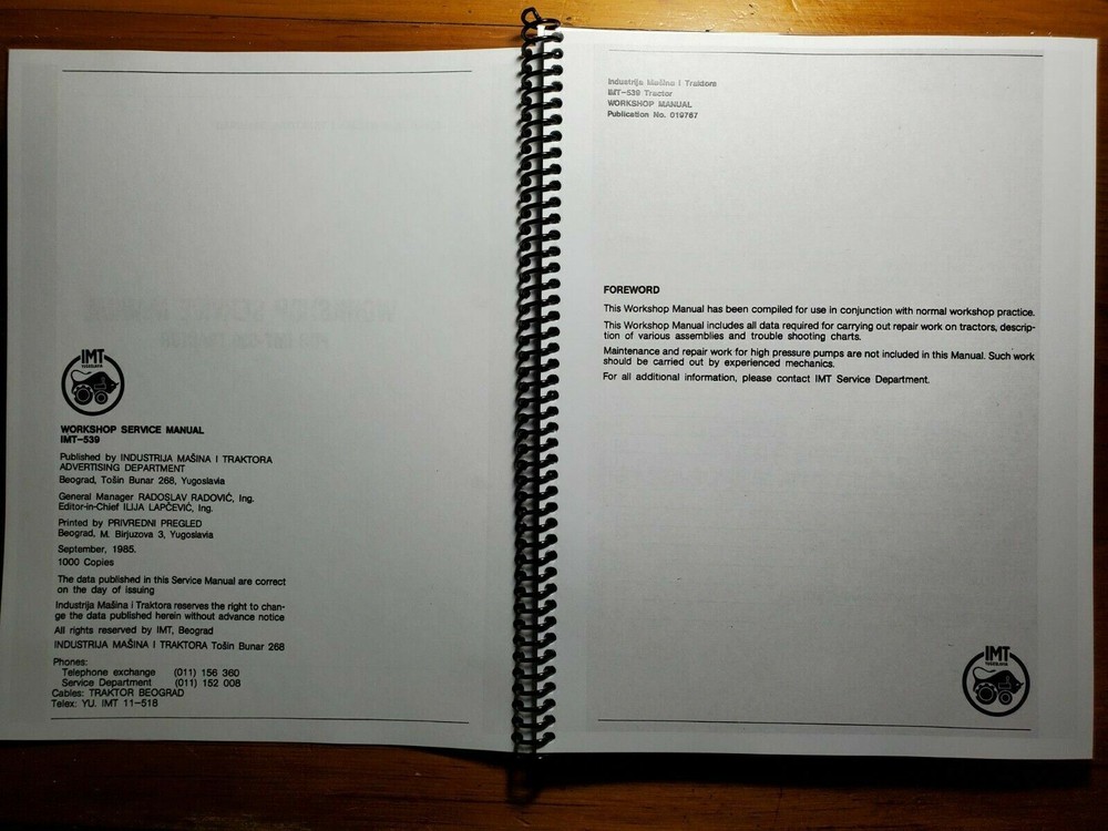 IMT 539 Tractor Workshop Service Manual 9/85 English