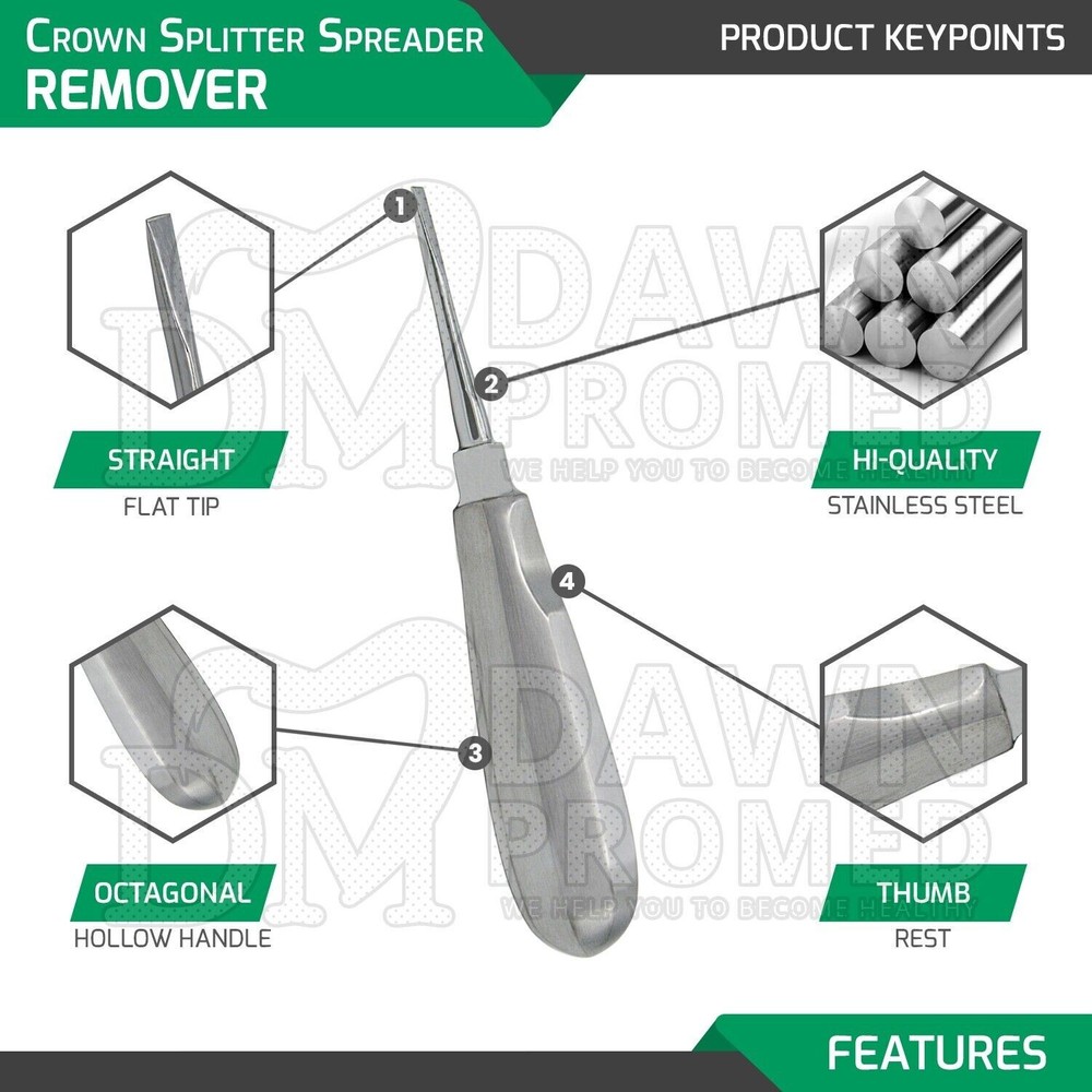 Crown Splitter Spreader Remover 6" Straight 4mm with Dental Elevator Handle