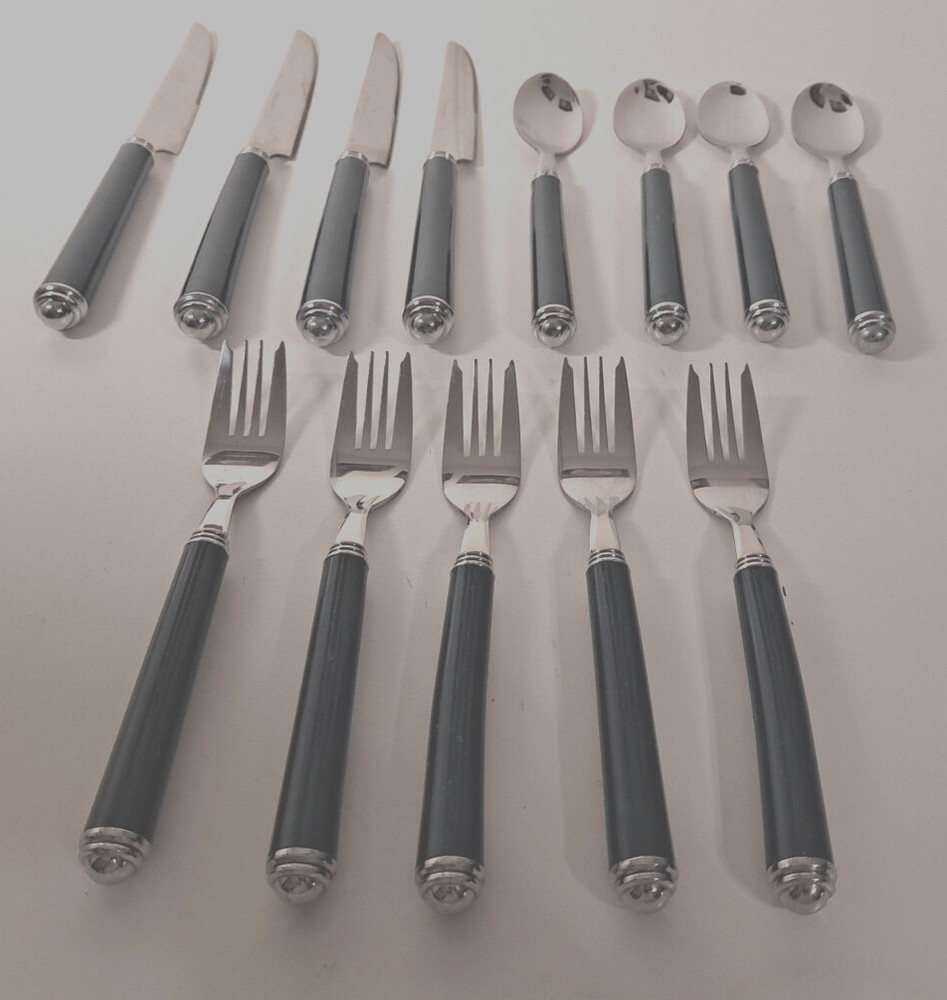 13 Piece Assorted Pieces Stainless China Flatware Dark Green Handles