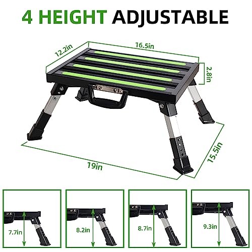 RV Step Stool, Adjustable Height Folding Aluminum Platform, Non-Slip Black