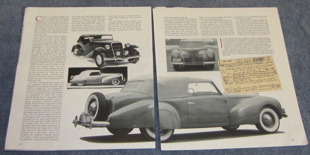 1939 Lincoln Continental History Info Article "Prototype for Greatness"