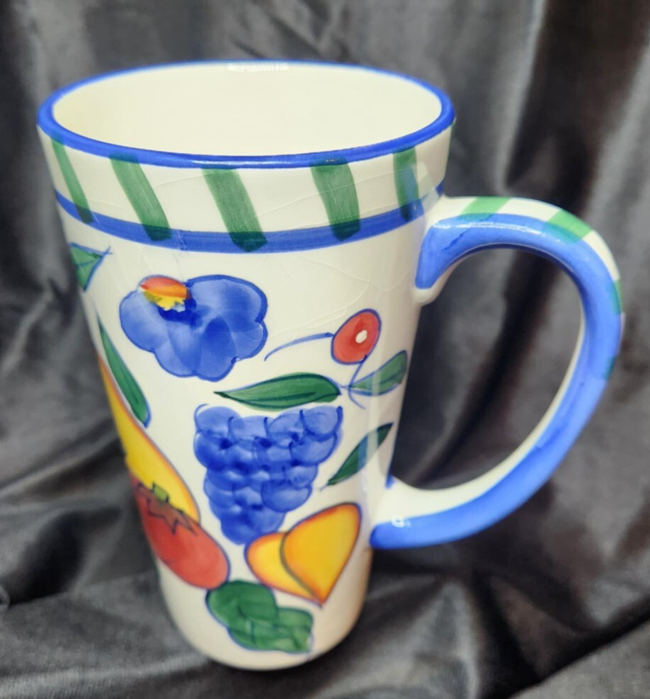 Rooster & Fruit Ceramic Pitcher 2 Quart 7.75" Tall and coffee mug