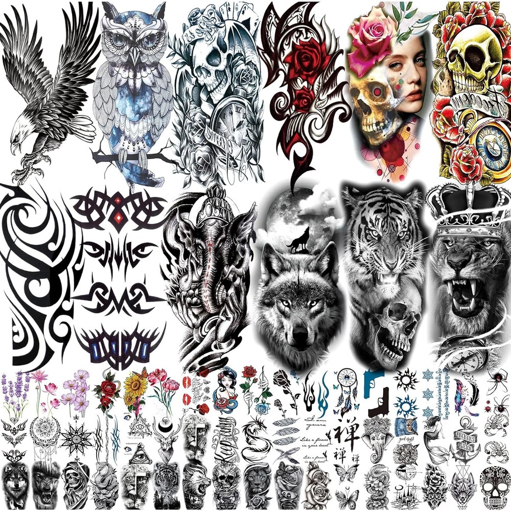 72 Sheets Temporary Tattoo for Men Women Adults Include 12 Sheets Large Black...