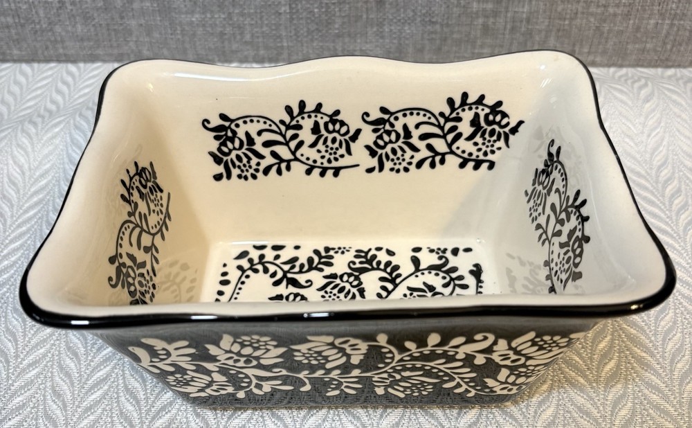Black White Paisley Floral Vines Rectangular Stoneware Baker Set 4 Oven Safe