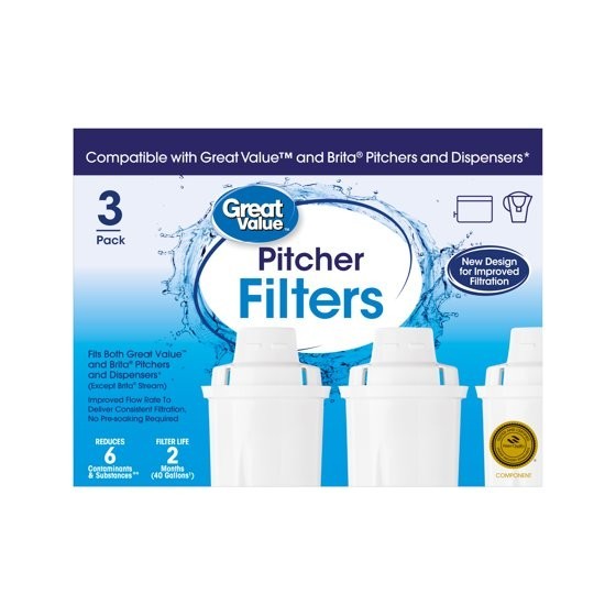 Great Value Water Filters, Fits Great Value & Brita Pitchers, Replacement 3 Pack