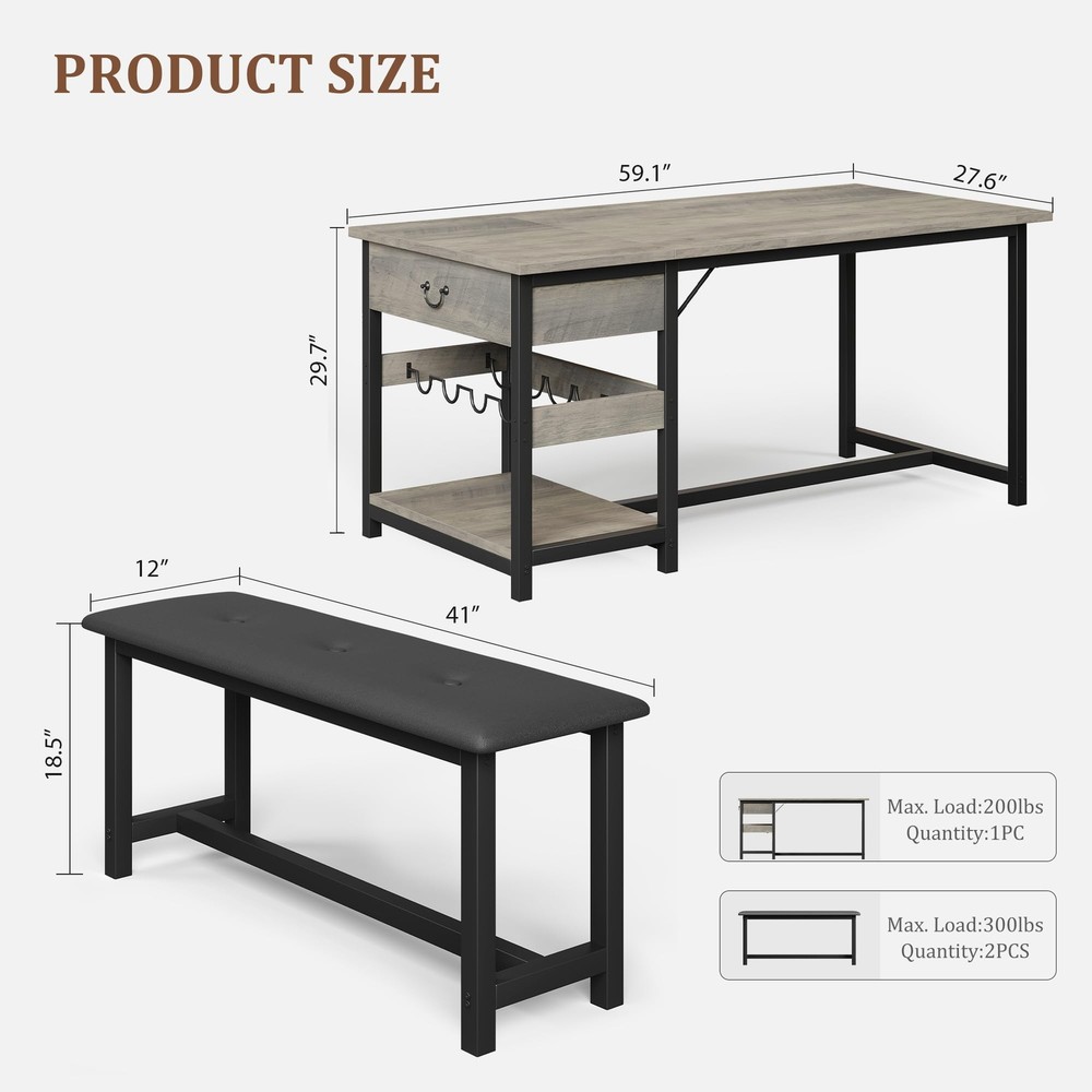 New Dining Table Set for 4 Kitchen Table and 2 Benches, Drawers ,Wine Rack ，Grey