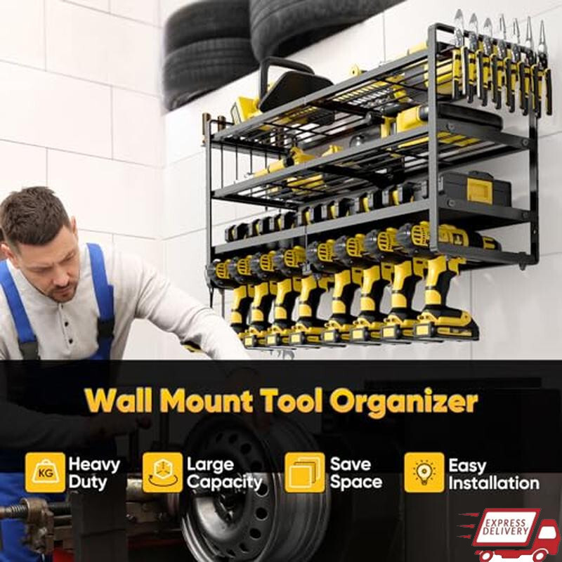 Heavy Duty Tool Organizer Wall Mount 4 Layer Storage Rack 8 Drill Holder New