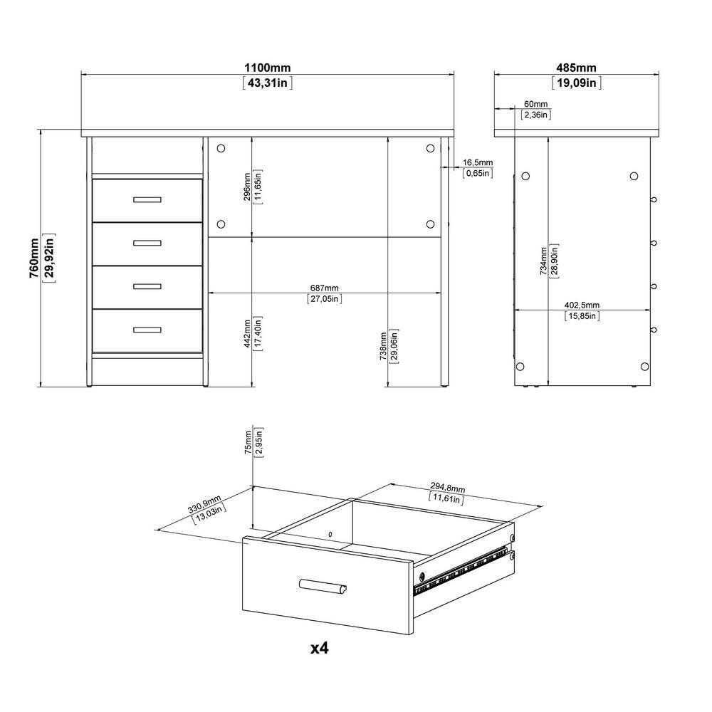 44 in. Rectangular White 4 Drawer Writing Desk with Built-In Storage NEW