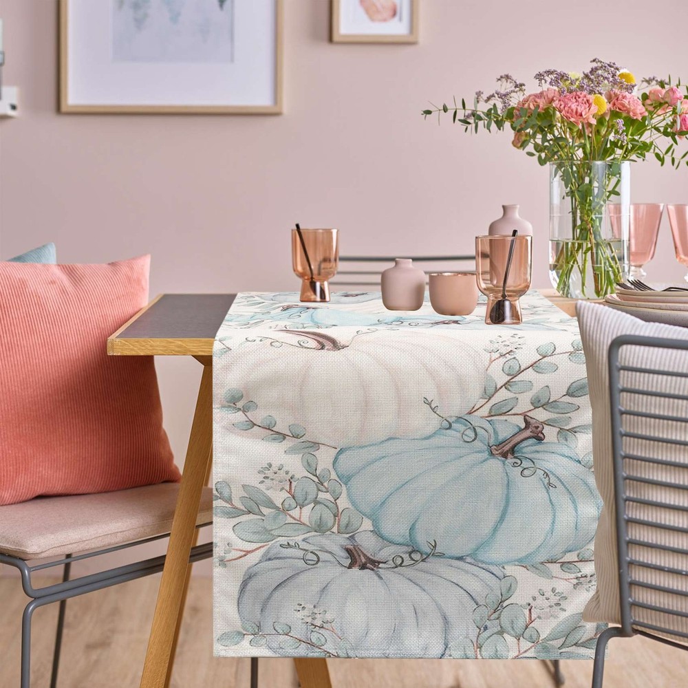 Fall Eucalyptus Leaves Pumpkins Table Runner, Autumn Thanksgiving Kitchen3328