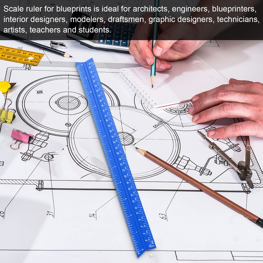 Architectural Scale Ruler, 12'' Imperial Architect Scale, Aluminum Engineer S...