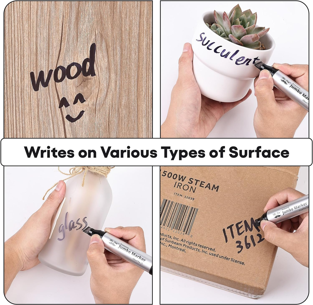 Jumbo Permanent Markers 4 Pack Chisel Tip Black - Thick Wide Tip Large Size